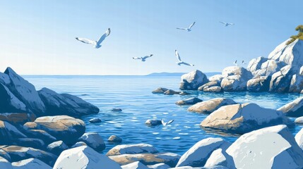 serene coastal scene with gulls