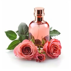 Elegant perfume bottle with pink roses, embodying fragrance and beauty