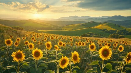 Obraz premium sunflowers at sunset in tuscany italy