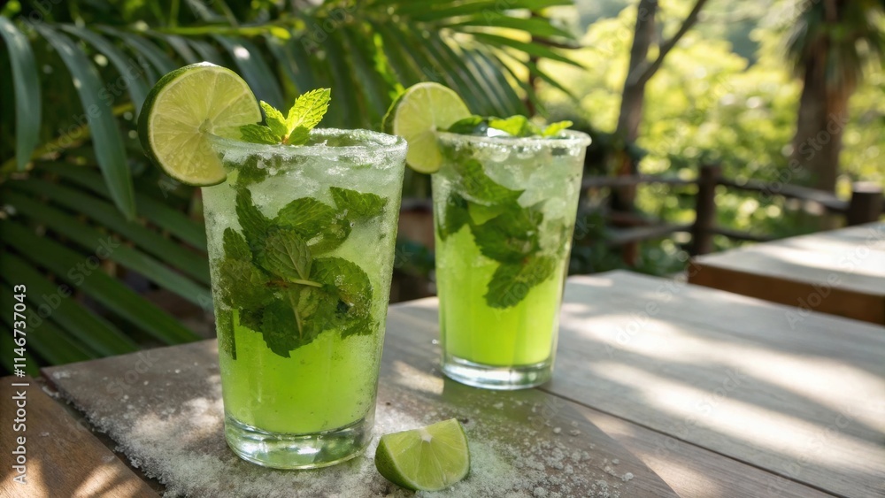 Poster two refreshing green drinks garnished with mint and lime slices, served on a rustic wooden table in 