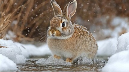 Obraz premium Cute brown rabbit in snowy winter scene.