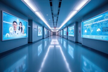 Modern Healthcare Facility: Bright, High-Tech Hallway with Digital Displays and Interactive Screens Showcasing Medical Information and Patient Engagement