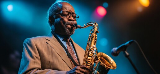 A musician passionately playing the saxophone on stage under colorful lights.