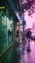 Obraz premium Rainy day city street scene, blurred pedestrians.