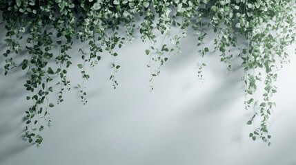 Hanging green vines on a light grey wall with shadows.