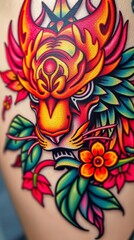 Vibrant tiger head tattoo with floral details
