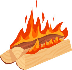 Firewood burning with large flames creating a cozy and warm atmosphere, perfect for illustrations related to camping, survival, or winter holidays