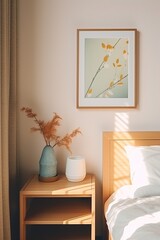 simple frame with empty frame with white paper, bedroom, 60s design Japan style , color , hyperreal