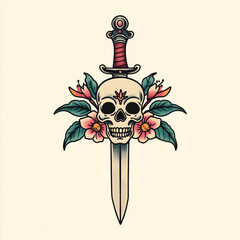 Skull and Dagger Back tattoo flash illustration