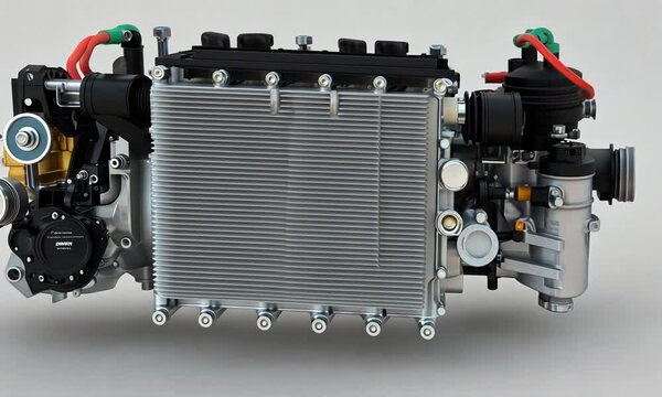 Detailed rendering of an automotive engine component showcasing cooling and fuel systems.