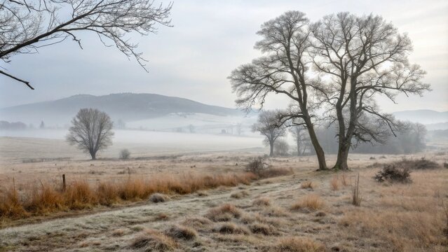 A misty morning landscape with bare trees and frosted grass, hinting at the coming of winter.