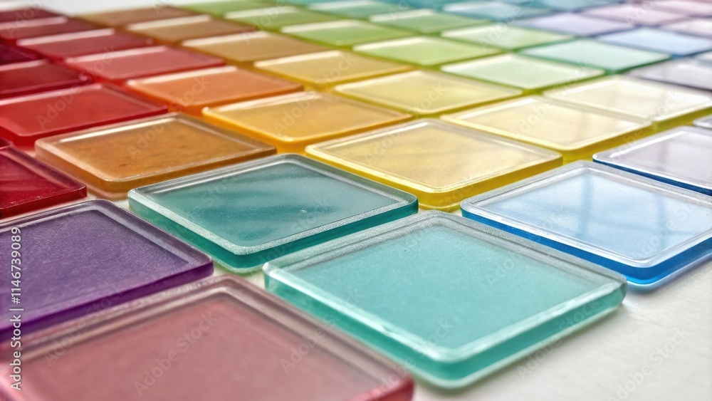 Aufkleber a close-up view of colorful square tiles arranged in a rainbow pattern, capturing the subtle shimmer