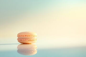 single macaron displayed on glossy pastel surface under diffused light