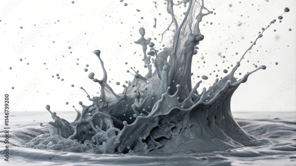 Poster A dramatic and abstract depiction of gray liquid erupting and splashing, creating a mesmerizing display of fluid dynamics and textural contrast.