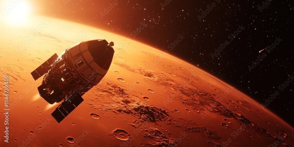 Poster spacecraft approaching red planet with mars distinctive landscape visible providing ample space for 
