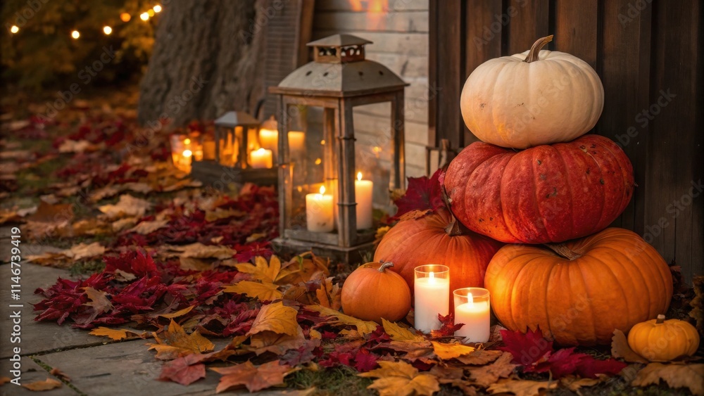 Aufkleber a rustic autumn scene with pumpkins and candles, casting a warm glow on the fallen leaves and creati