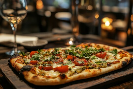 A delicious flatbread pizza topped with tomatoes and herbs, served in a cozy dining setting.