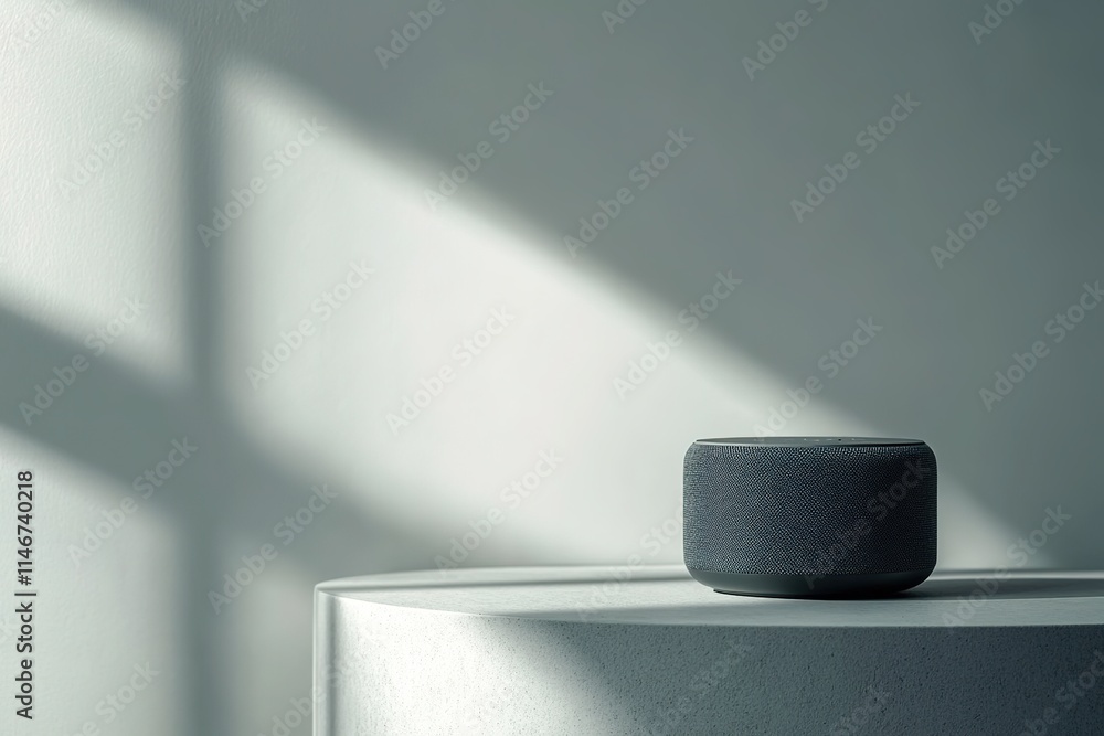 Poster wireless speaker displayed on smooth matte gray surface under soft direct light