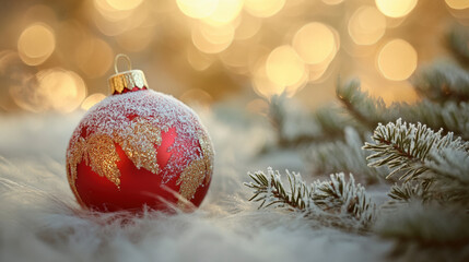 Macro Shot of a Snow-Dusted Red and Gold Ornament for Christmas Decoration