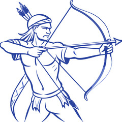 Fototapeta premium Native American Archer Drawing Vector Illustration with Bow and Arrow