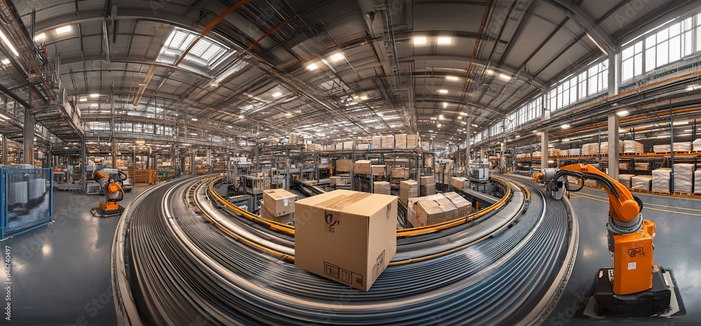 Poster a panoramic view of a modern warehouse with automated systems and packages.