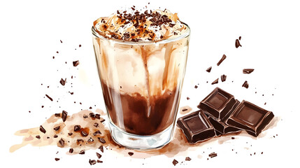 A mocha latte with chocolate syrup and a sprinkle of chocolate shavings, watercolor illustration, clipart on a white background.