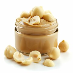 Creamy macadamia nut butter in a glass jar, topped with whole and halved macadamia nuts, isolated on white