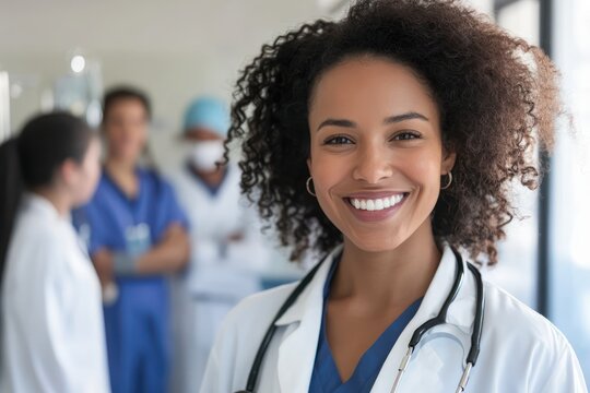 Smiling female doctor standing with medical staff in a hospital setting, representing teamwork