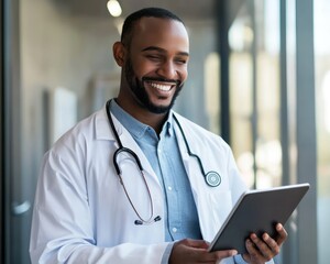 Smiling healthcare worker using a tablet for patient management