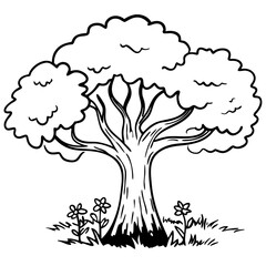  Black and White Vector Illustration of Tree with Flowers and Grass