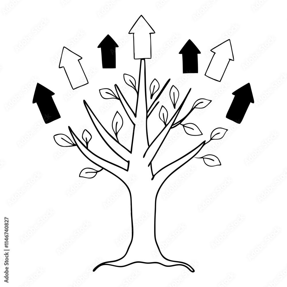 Poster growth concept with tree and upward arrows symbolizing progress