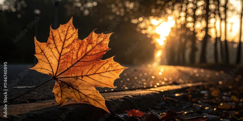 Poster a delicate leaf catches the last rays of sunlight as it lies on the edge of a path, casting a long s