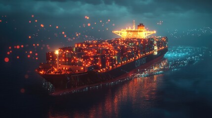 Obraz premium Global shipping network visualized with interconnected lines and glowing nodes, container ships at sea, network, global logistics 