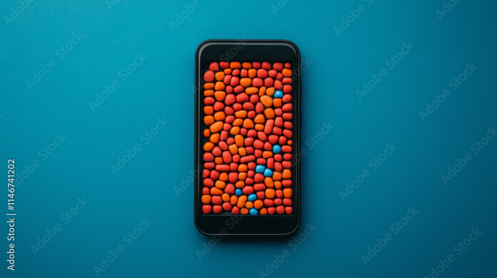 Aufkleber a smartphone displays colorful candy-like objects on a vibrant blue surface, creating a playful and 