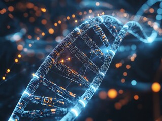 Spinning DNA strand with futuristic data overlay for medical research or scientific presentation