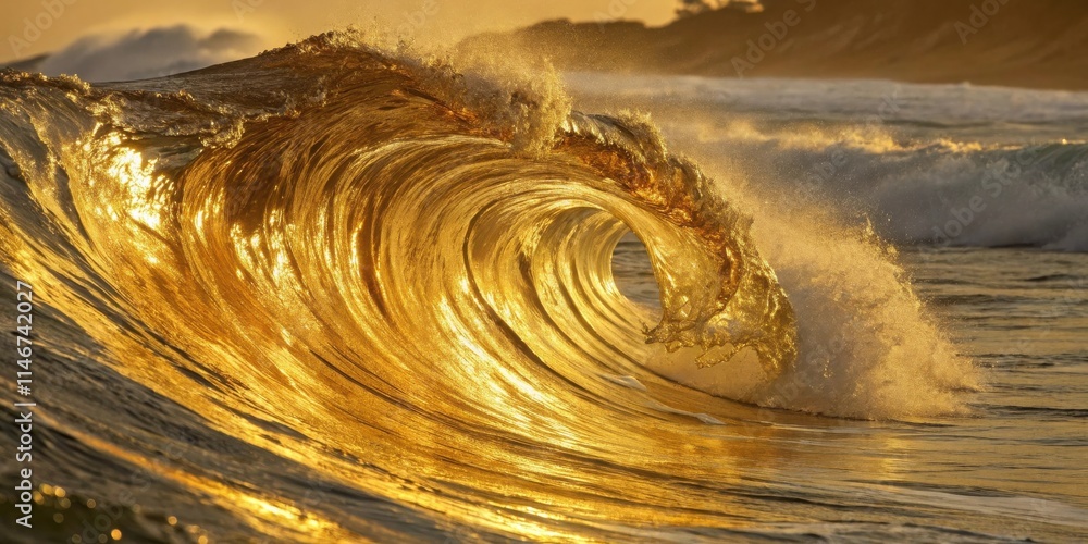 Poster a golden wave, illuminated by the setting sun, creates a mesmerizing display of nature's artistry.