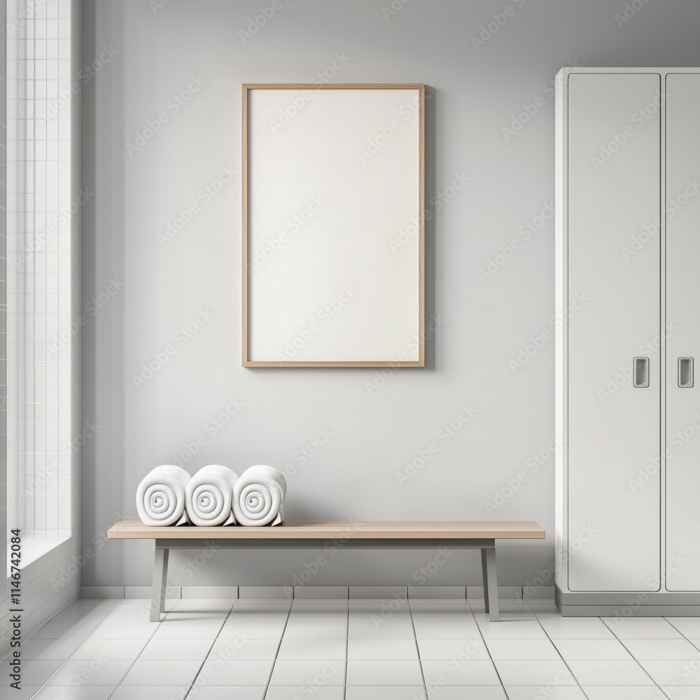 Poster front view of a locker room with framed poster, row of white storage lockers, and bench with towels.