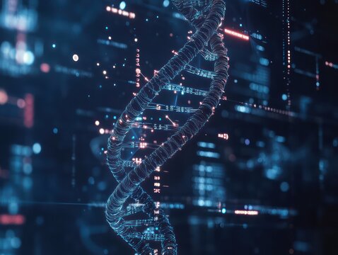 Spinning DNA strand with futuristic data overlay for medical research or scientific presentation - Powered by Adobe