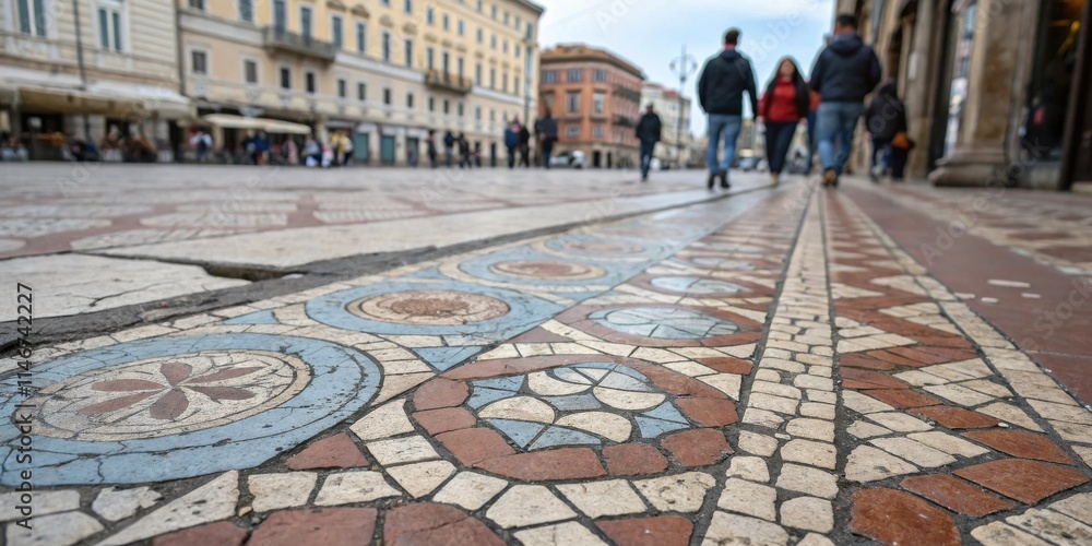 Aufkleber A close-up of a beautifully patterned cobblestone street in an urban area, with a shallow depth of field that creates a sense of depth and perspective
