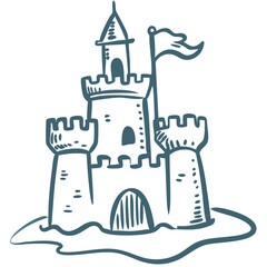  Hand Drawn Vector Illustration of Fantasy Castle with Flag on Blue Background