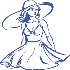 Fototapeta premium Elegant Woman in Summer Dress and Wide Brim Hat Vector Illustration