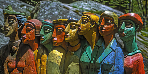 Row of Polychrome Wooden Figurine Sculptures