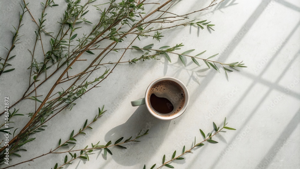 Poster a cup of coffee surrounded by delicate green branches on a sunlit table with dappled shadows