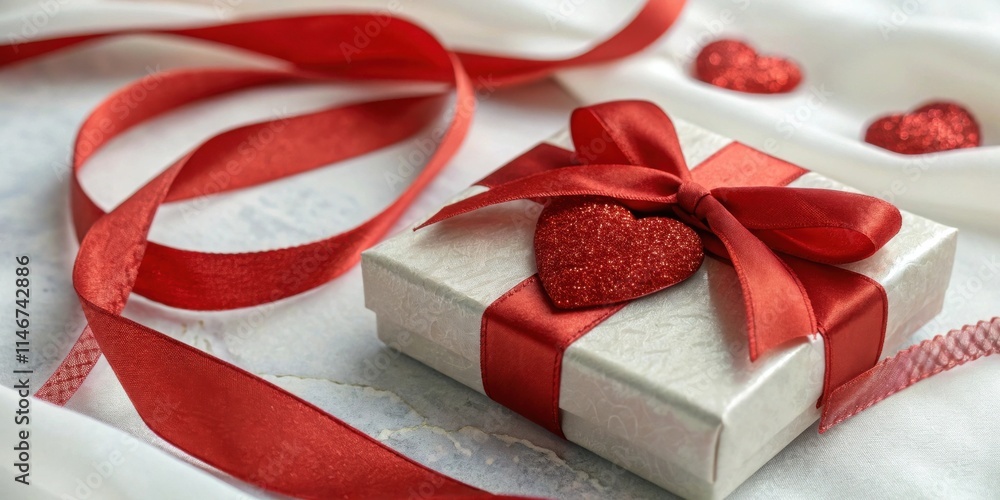 Poster a white gift box with a red ribbon and bow adorned with a sparkly red heart, surrounded by more red 