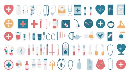 Set 200 health and medical icons including flat designs for healthcare, ideal for use in modern stock imagery