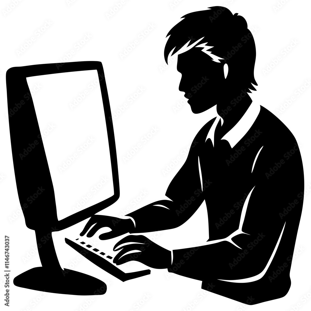 Aufkleber silhouette of man working on desktop computer in office setting vector illustration