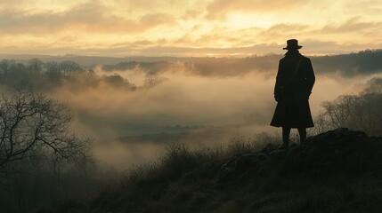 Mysterious Silhouette of a Figure in a Dramatic Landscape at Dawn with Fog and Soft Light, Evoking a Sense of Adventure and Intrigue in Nature's Beauty