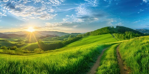 Fototapeta premium path through a green tall grass field hill and blue sky sunlight panorama horizon landscape morning at dawn