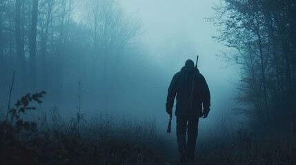 Mysterious Hunter Walking Through Foggy Forest at Dawn with Rifle in Hand, Evoking a Sense of Adventure and Exploration in Nature's Serene Beauty