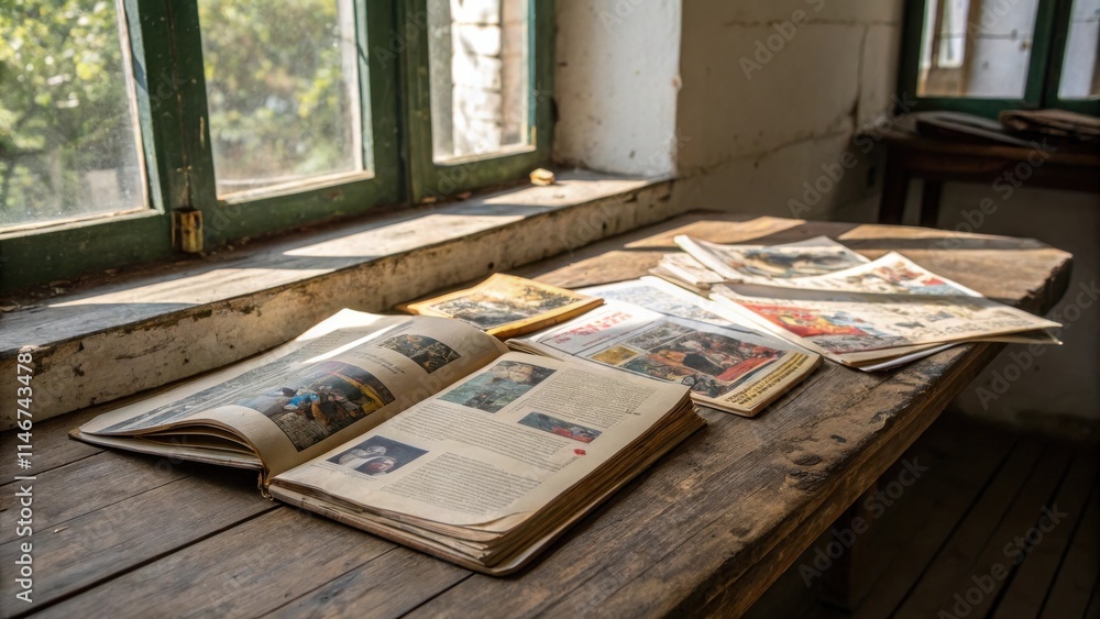 Poster a forgotten history in an open book, resting on a weathered wooden table, bathed in sunlight streami